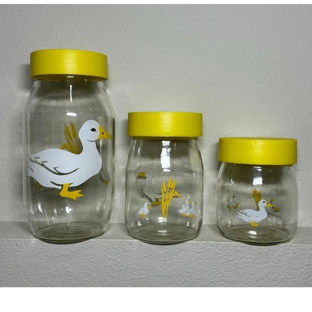 Vintage Duck Glass Canister Set Yellow Lid 80s‎ Kitchen Farmhouse Sun Tea Jars